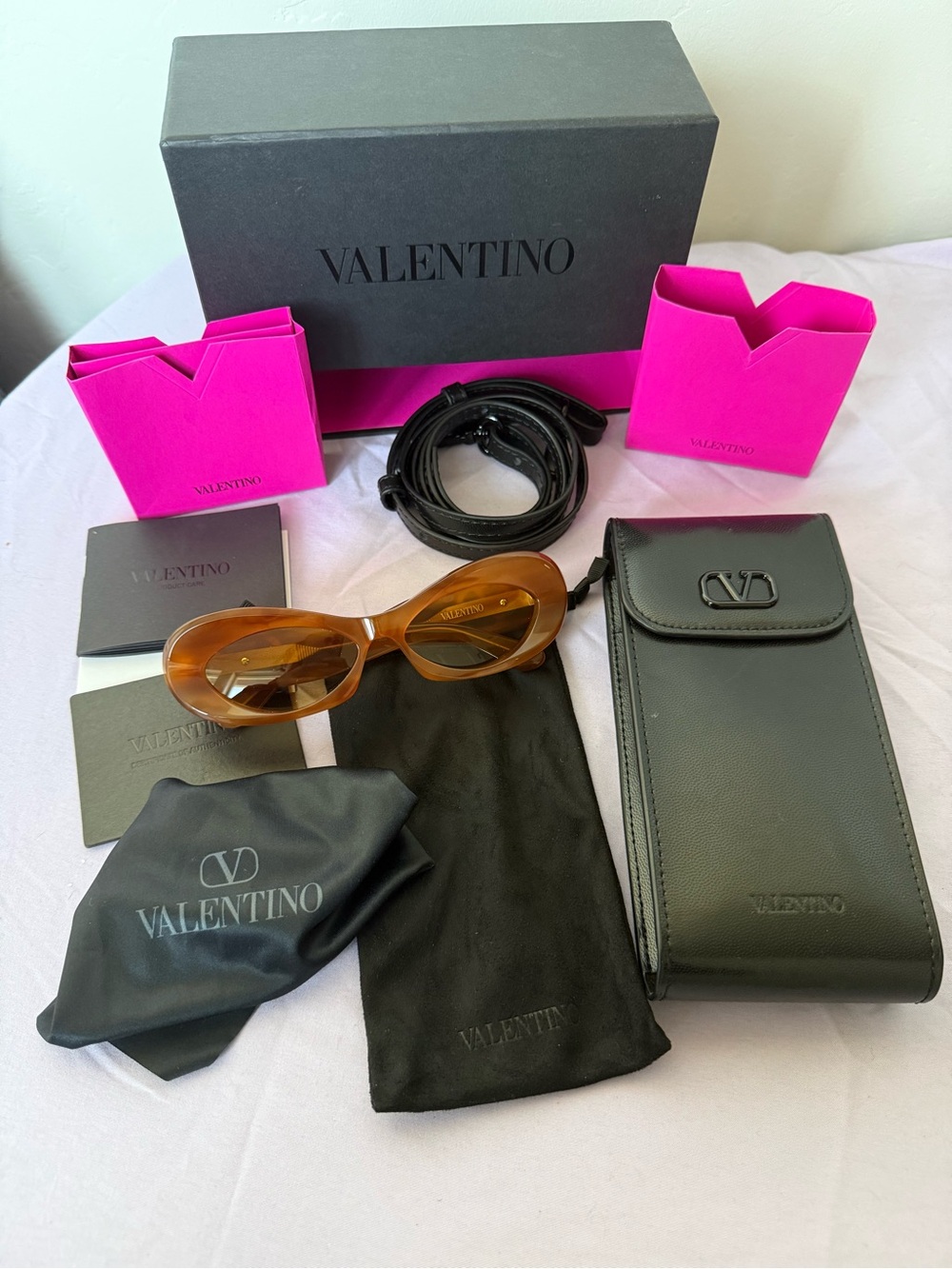 Valentino Amber Brown Oval Sunglasses with Black Leather Pouch